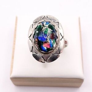 Size 7.5 Vintage Dichroic Glass 925 Sterling Silver Ring